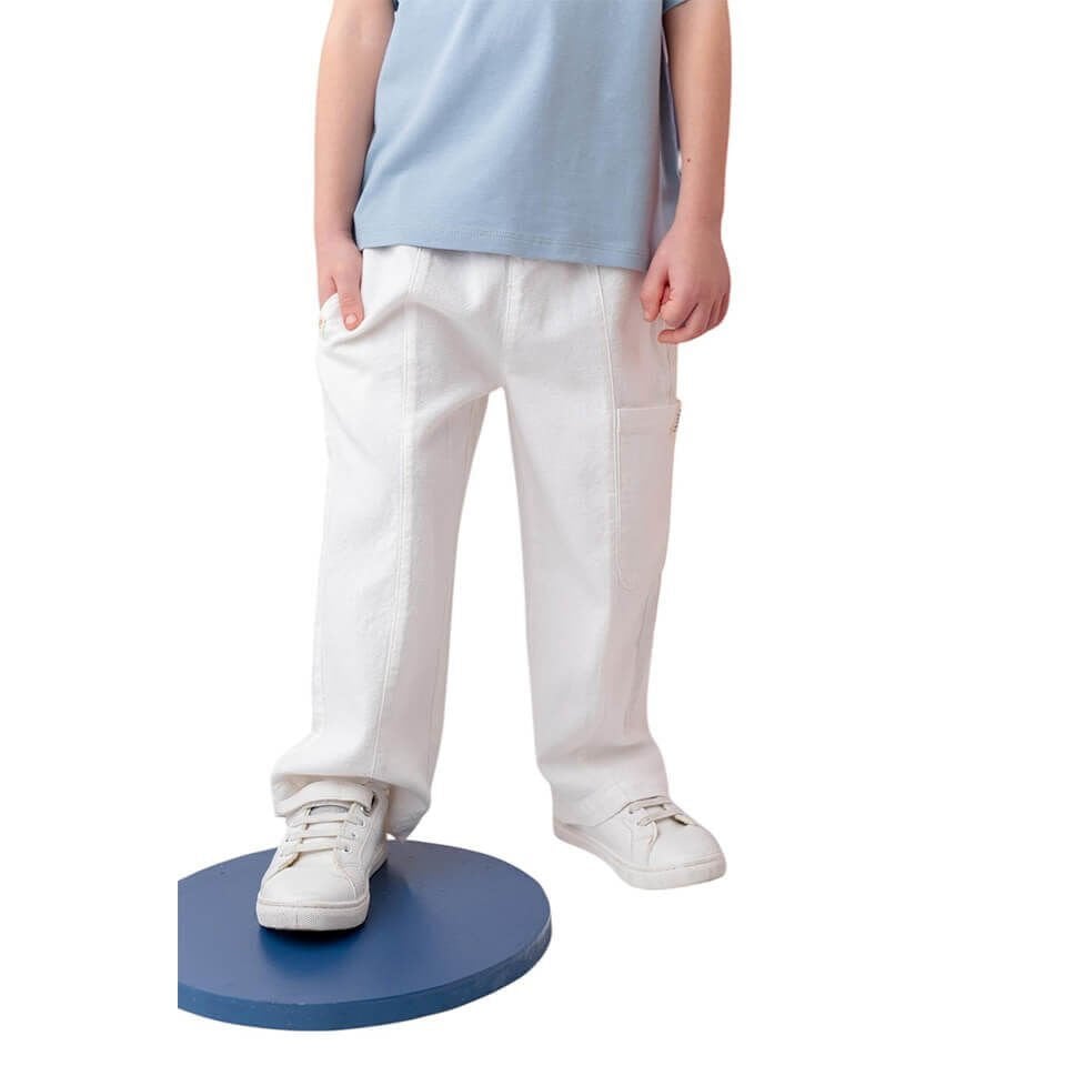 Cep Detaylı Lastikli Erkek Çocuk Pantolon | Beyaz Renk | Yazlık ve Günlük Kullanım