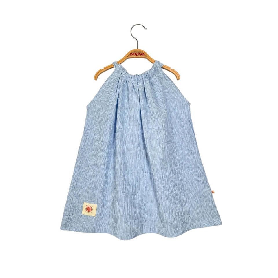 Mavi Çizgili Gofre Elbise | Kız Çocuk Fiyonklu Yazlık Elbise | Şık ve Hafif Kumaş