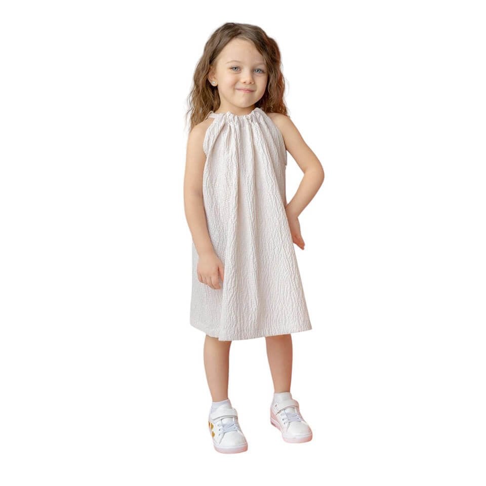 Arion Kids Kız Çocuk Elbise | Gofre Kumaş | Taş Çizgili & Arkası Fiyonklu Tasarım