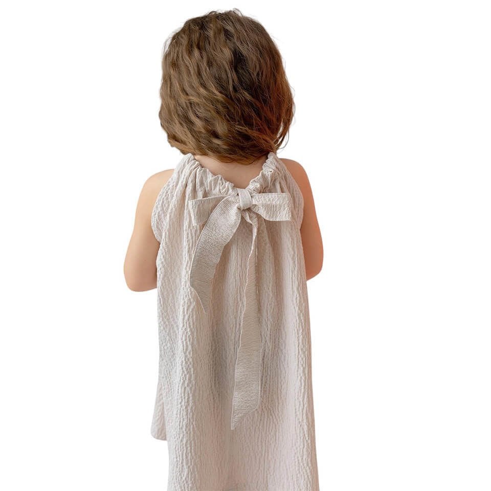 Arion Kids Kız Çocuk Elbise | Gofre Kumaş | Taş Çizgili & Arkası Fiyonklu Tasarım