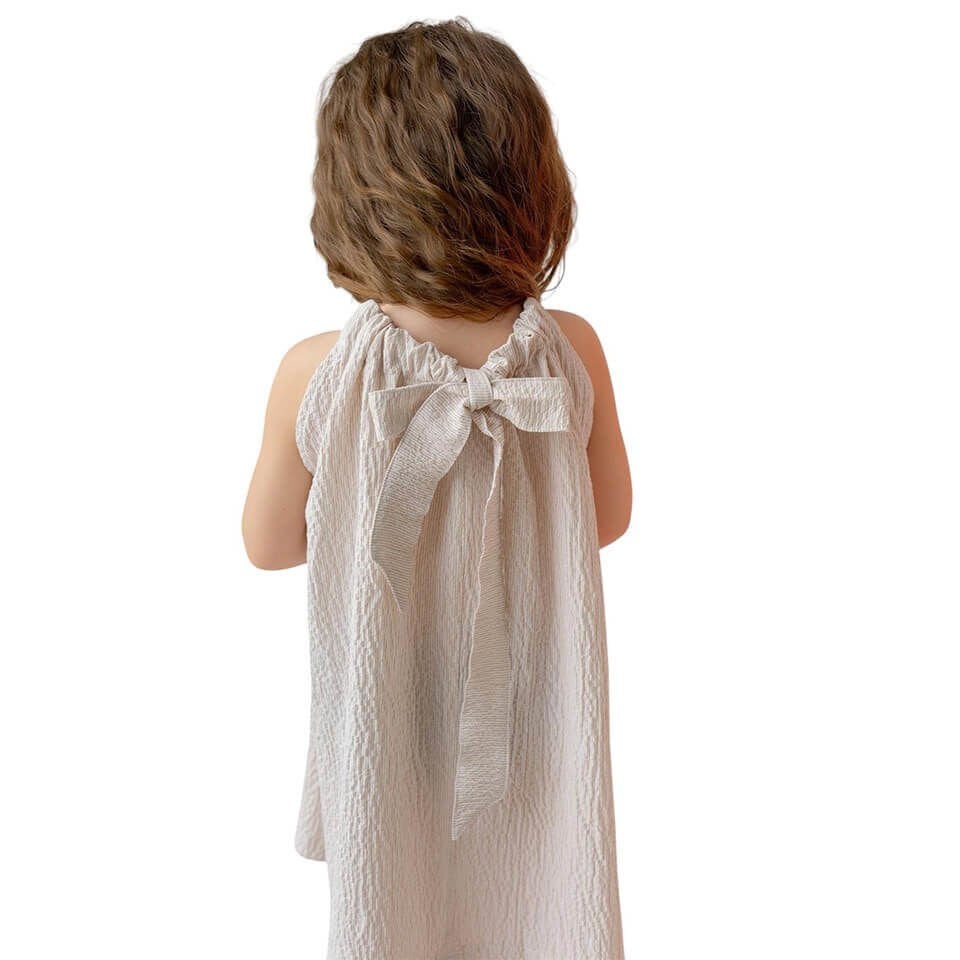 Arion Kids Kız Çocuk Elbise | Gofre Kumaş | Taş Çizgili & Arkası Fiyonklu Tasarım