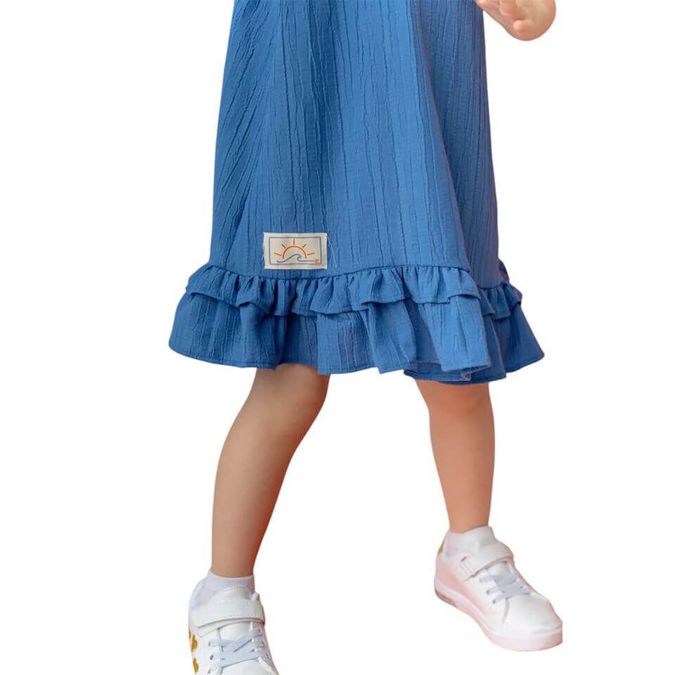 Kız Çocuk Askılı Elbise | İndigo Renk Fırfırlı Askılı Tasarım | Günlük & Özel Günler İçin