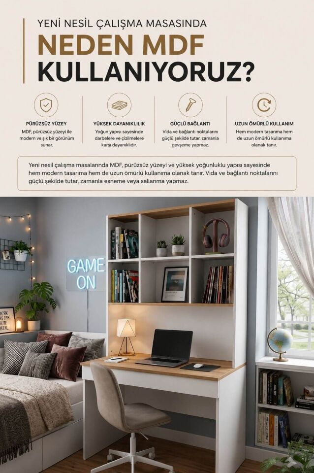 Yeni Nesil Genç Odası Çalışma Masası| Ergonomik Tasarım | Kitaplıklı ve Kapaklı Model