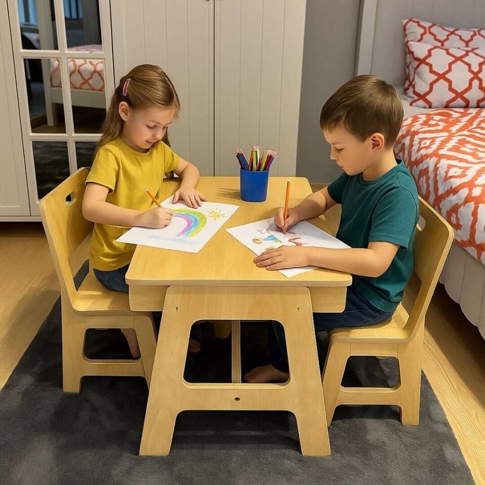 Açılabilir Kapaklı Çocuk Çalışma Masası | Kavak Kontrplak | 2 Sandalyeli Takım