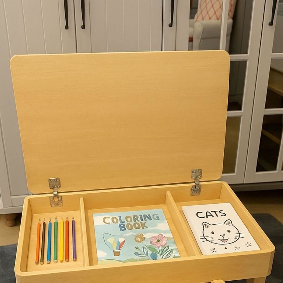 Açılabilir Kapaklı Çocuk Çalışma Masası | Kavak Kontrplak | 2 Sandalyeli Takım