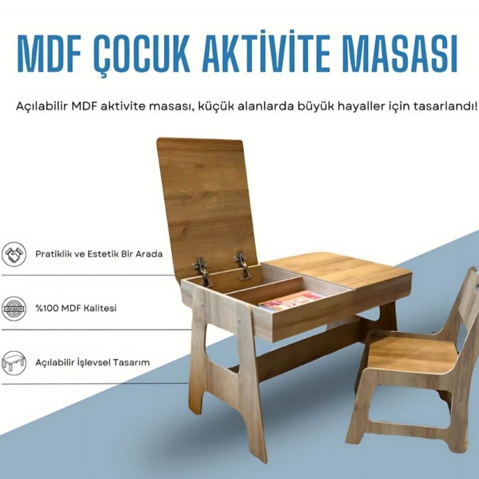 Mdf Çocuk Aktivite Masası | Açılabilir Kapaklı | Ergonomik Tasarım | 1 Sandalye+1 Masa