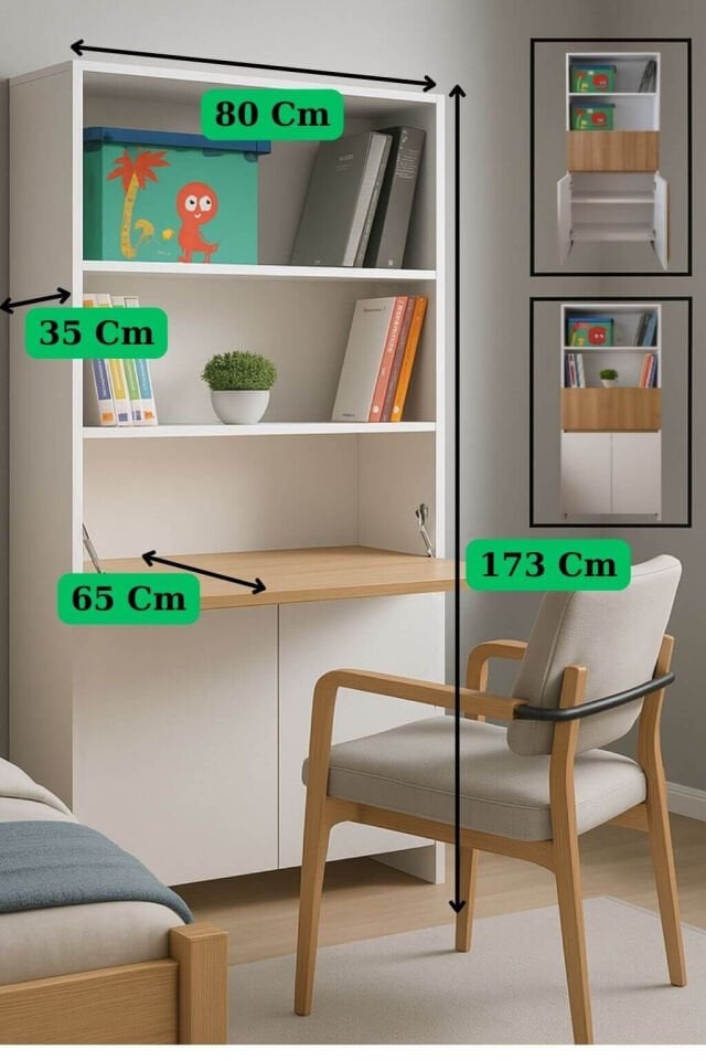 Arion Kitaplıklı ve Açılabilir Çalışma Masalı Çok Amaçlı Ünite – %100 MDF | Yerli Üretim