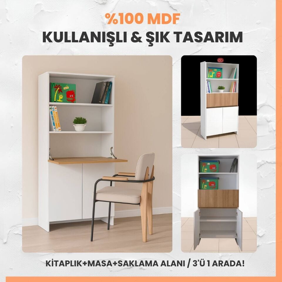 Kitaplıklı ve Açılabilir Çalışma Masalı Çok Amaçlı Ünite – %100 MDF | Yerli Üretim