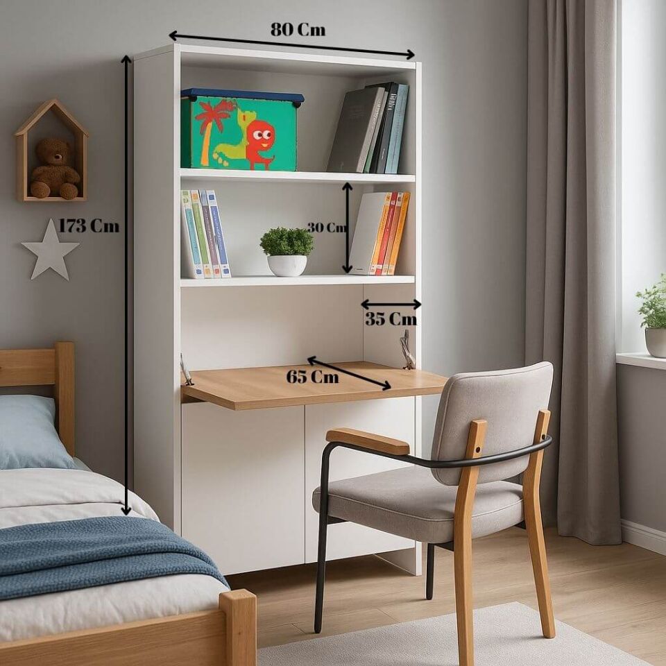 Kitaplıklı ve Açılabilir Çalışma Masalı Çok Amaçlı Ünite – %100 MDF | Yerli Üretim