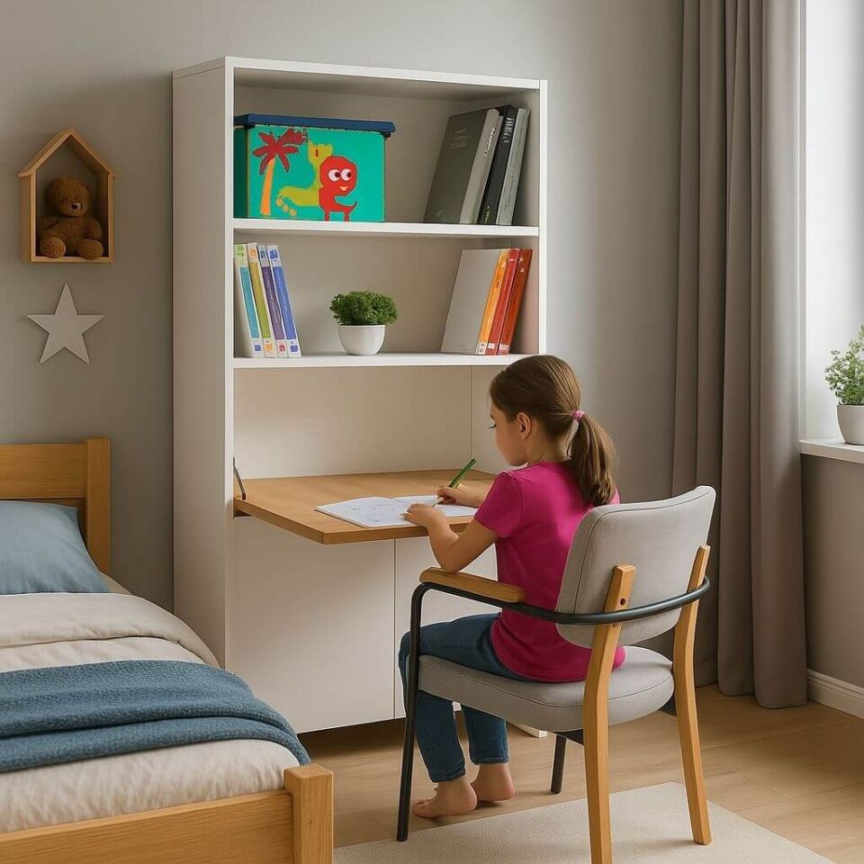 Kitaplıklı ve Açılabilir Çalışma Masalı Çok Amaçlı Ünite – %100 MDF | Yerli Üretim