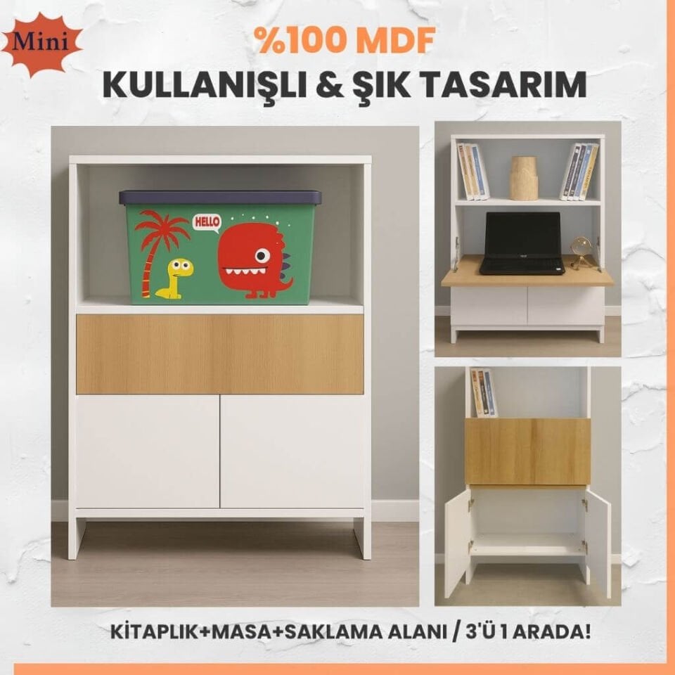 Kitaplıklı ve Açılabilir Çalışma Masası Çok Amaçlı Ünite – %100 MDF | Yerli Üretim- Çocuklar İçin