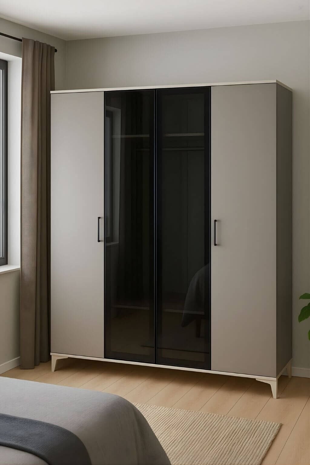 Deniz 4 Kapaklı Genç Odası Dolabı | MDF | Ağaç Ayaklar | REHAU Kaplama Kapaklar