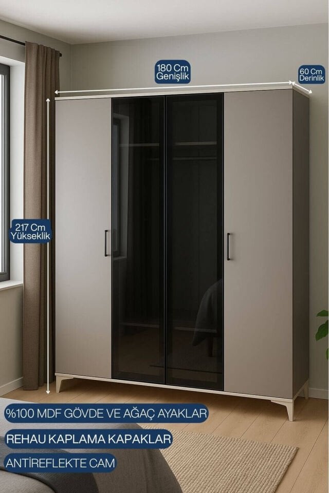 Deniz 4 Kapaklı Genç Odası Dolabı | MDF | Ağaç Ayaklar | REHAU Kaplama Kapaklar