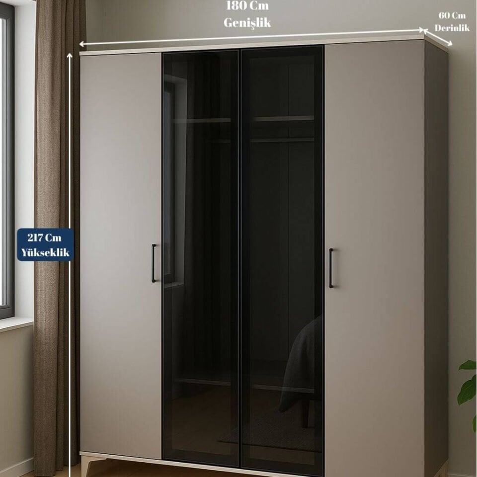 Deniz 4 Kapaklı Genç Odası Dolabı | MDF | Ağaç Ayaklar | REHAU Kaplama Kapaklar