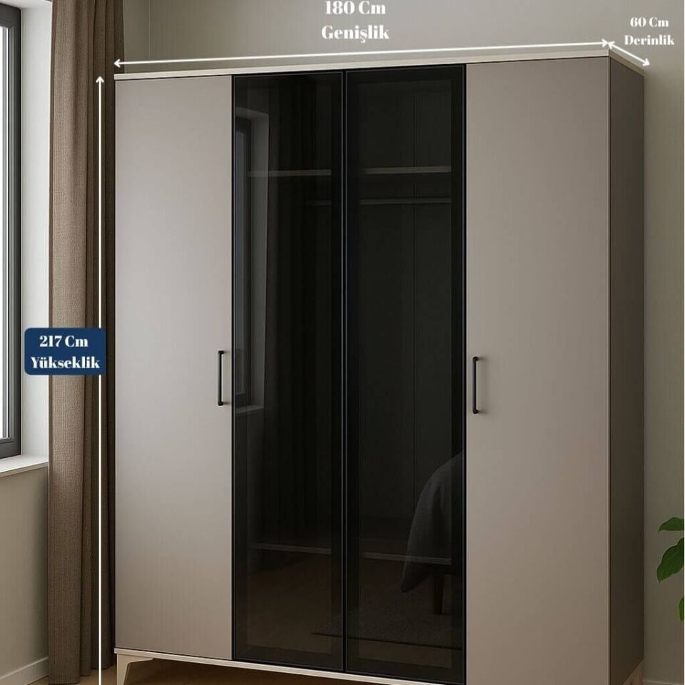 Deniz 4 Kapaklı Çekmeceli Genç Odası Dolabı | MDF | REHAU Kaplama Kapaklar | Antireflekte Camlar