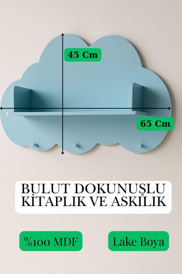 Bulut Desenli Askılık & Kitaplık | %100 MDF | Lake Boya Mavi