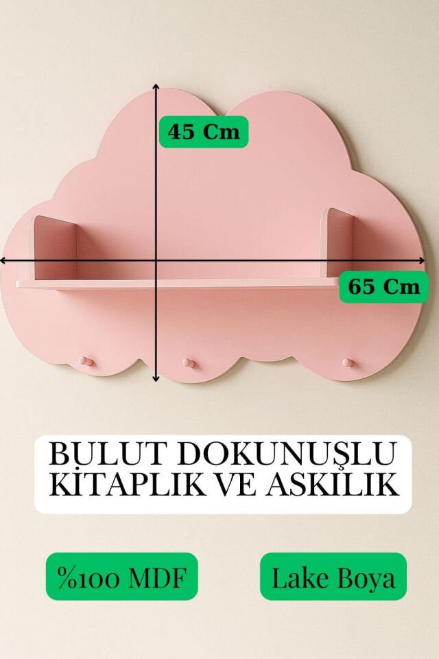 Bulut Desenli Askılık & Kitaplık | %100 MDF | Lake Boya Pembe