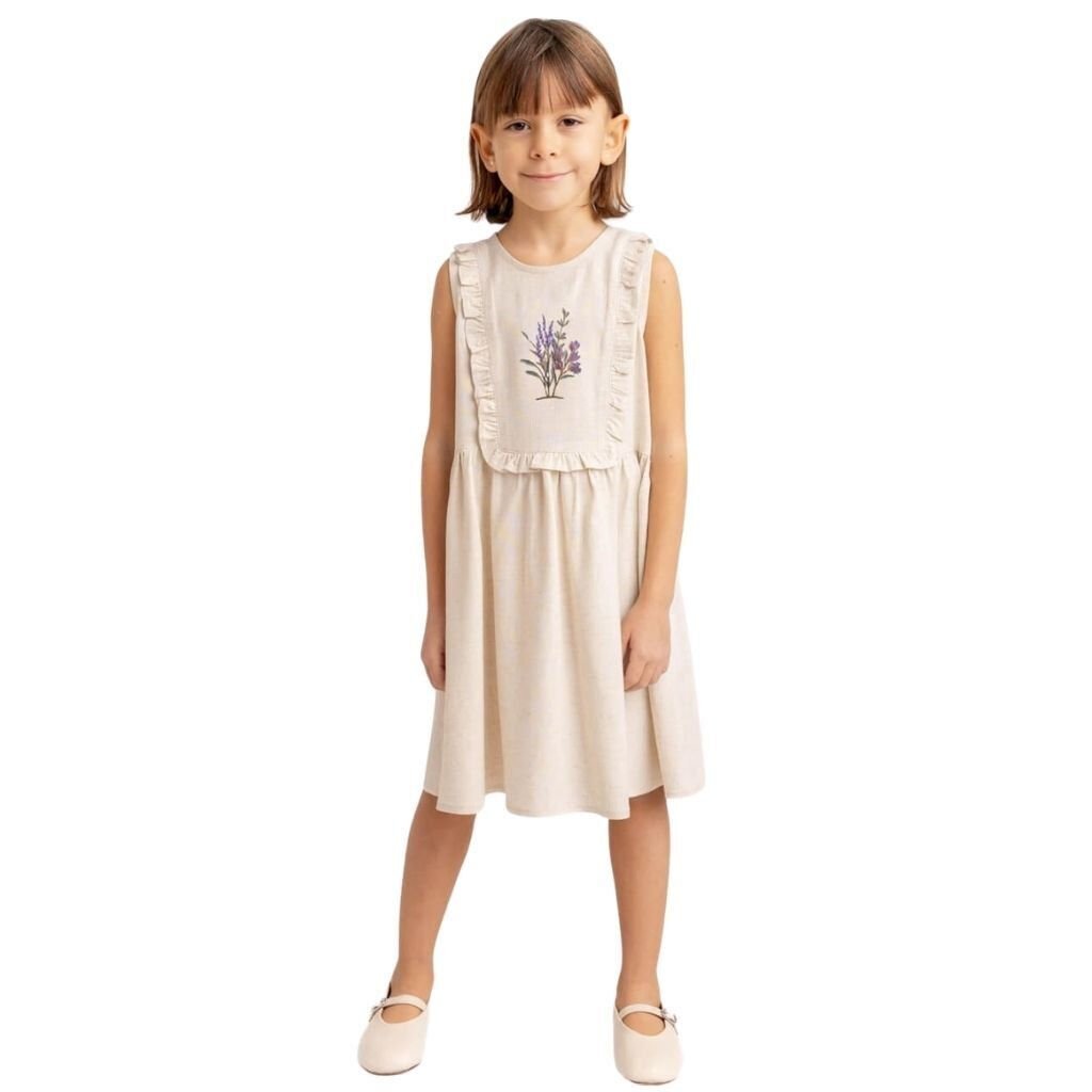 Dikdörtgen Robası Fırfırlı Nakışlı Keten Kız Çocuk Elbise Naturel