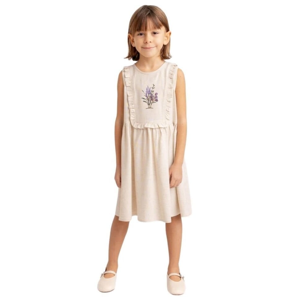 Dikdörtgen Robası Fırfırlı Nakışlı Keten Kız Çocuk Elbise Naturel