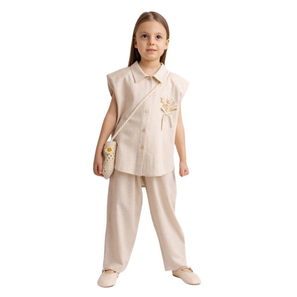 Fiyonklu Nakışlı Keten Kız Çocuk Gömlek Naturel