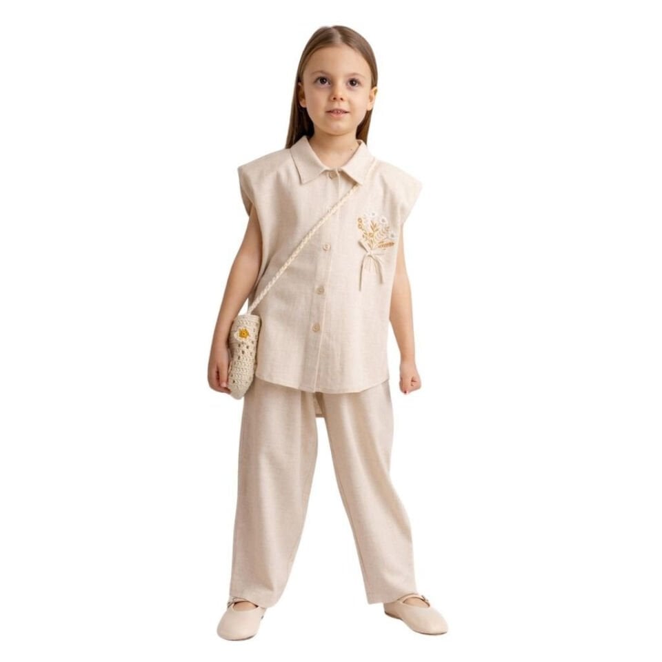 Fiyonklu Nakışlı Keten Kız Çocuk Gömlek Naturel