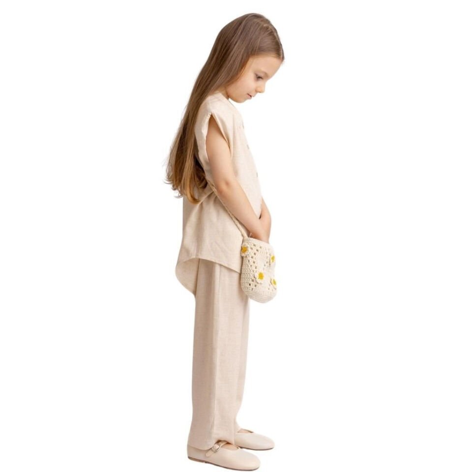 Fiyonklu Nakışlı Keten Kız Çocuk Gömlek Naturel