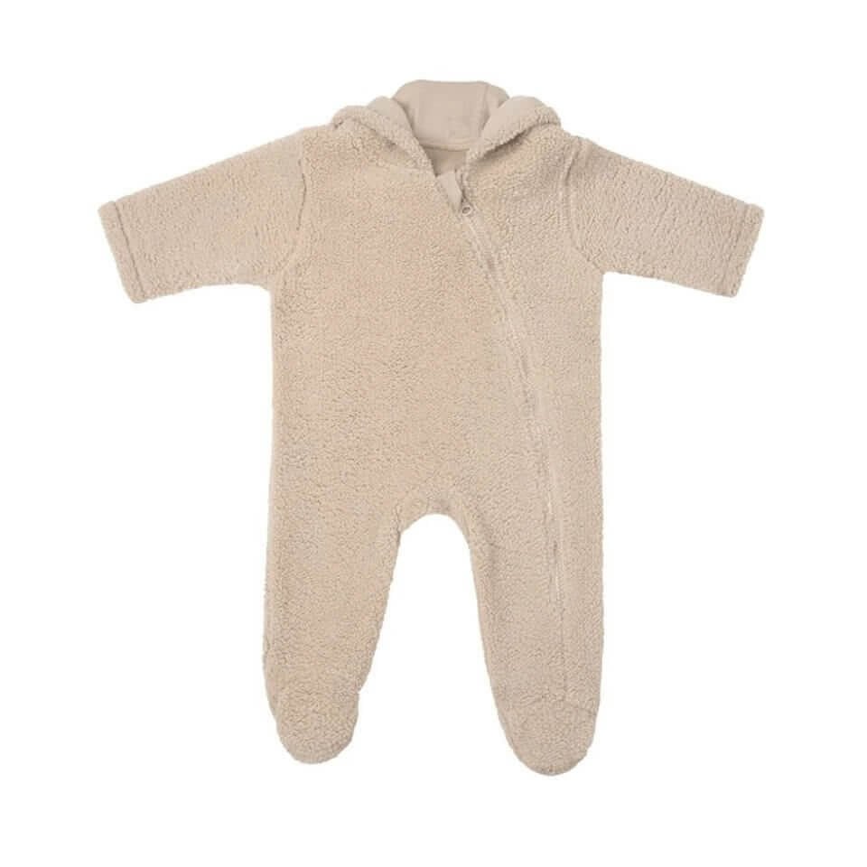 Ayı Kulaklı Kapüşonlu Peluş Tulum – Bej | Sıcak ve Yumuşak Bebek Kombini
