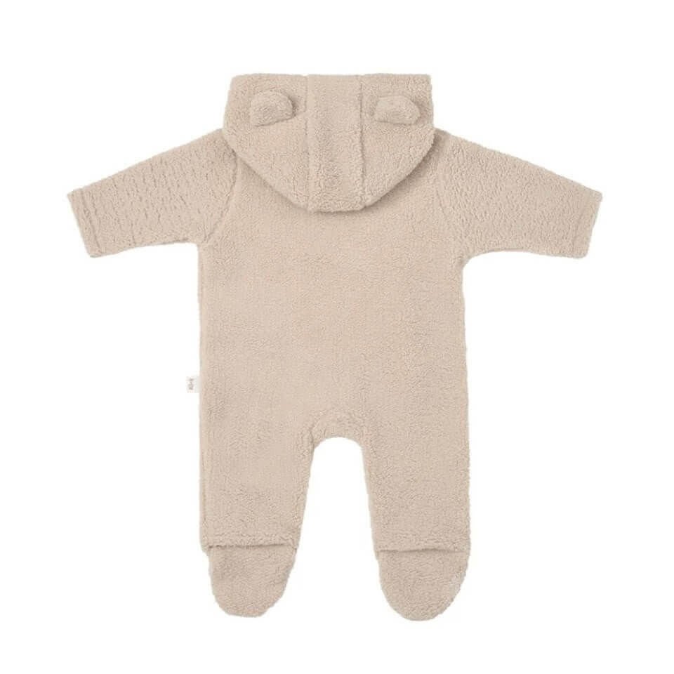 Ayı Kulaklı Kapüşonlu Peluş Tulum – Bej | Sıcak ve Yumuşak Bebek Kombini