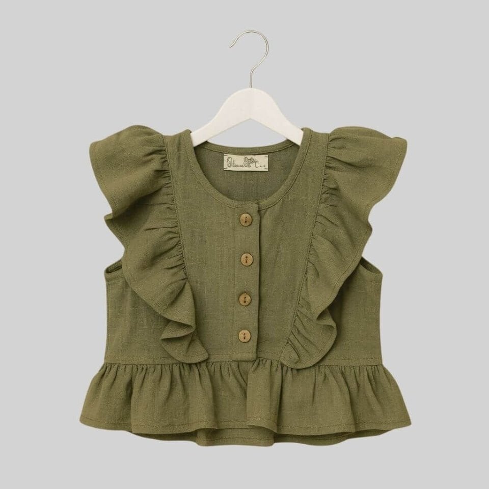 Bel ve Omuz Keten Fırfırlı Bluz- Haki