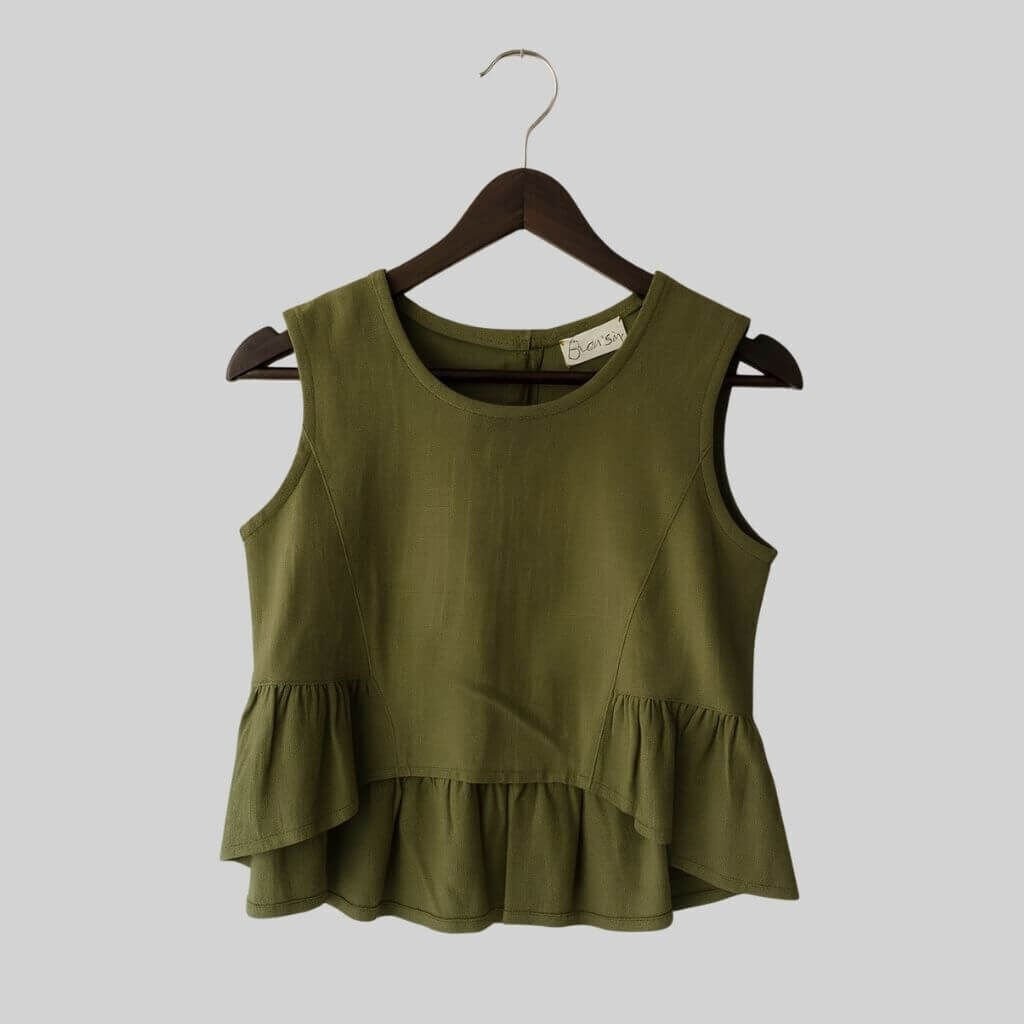 Eteği Volanlı Keten Bluz- Haki Renk