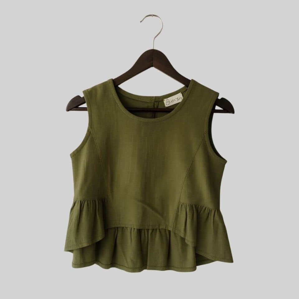 Eteği Volanlı Keten Bluz- Haki Renk