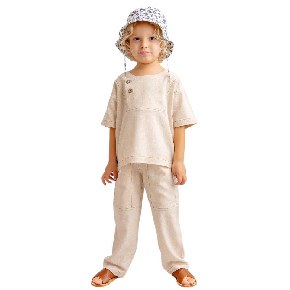 Kontrast Dikişli Keten Pantolon-Unisex