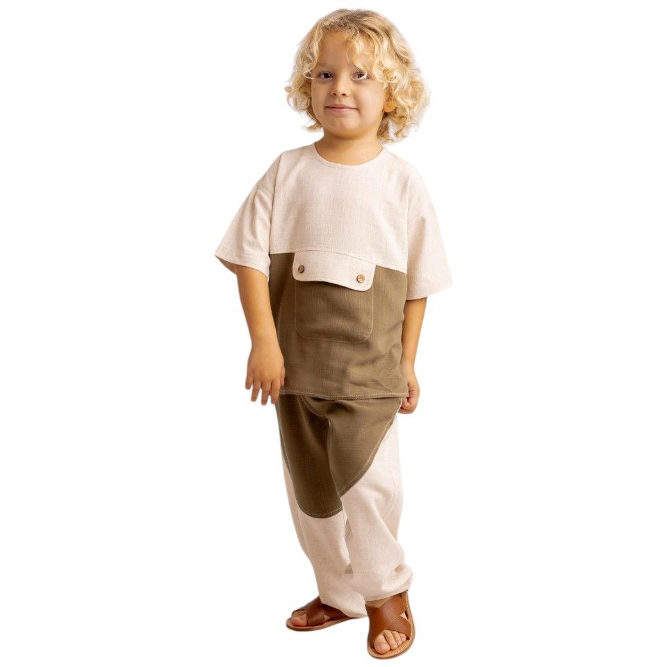 Kontrast Dikişli Keten Pantolon-Karamel-Unisex