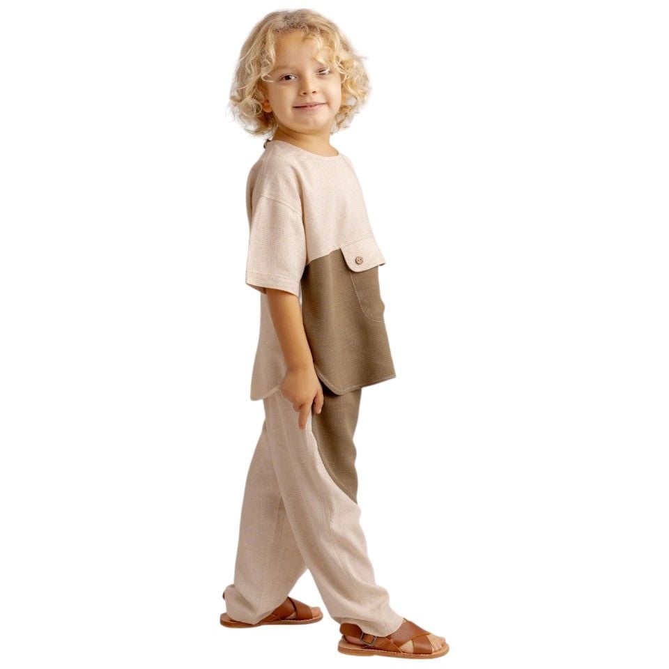 Kontrast Dikişli Keten Pantolon – Karamel | Unisex, Modern ve Rahat Tasarım