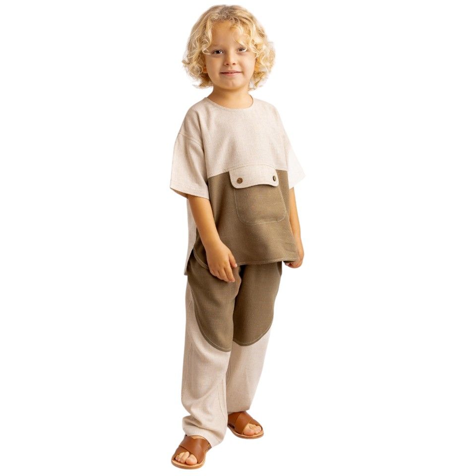 Kontrast Dikişli Keten Pantolon – Karamel | Unisex, Modern ve Rahat Tasarım