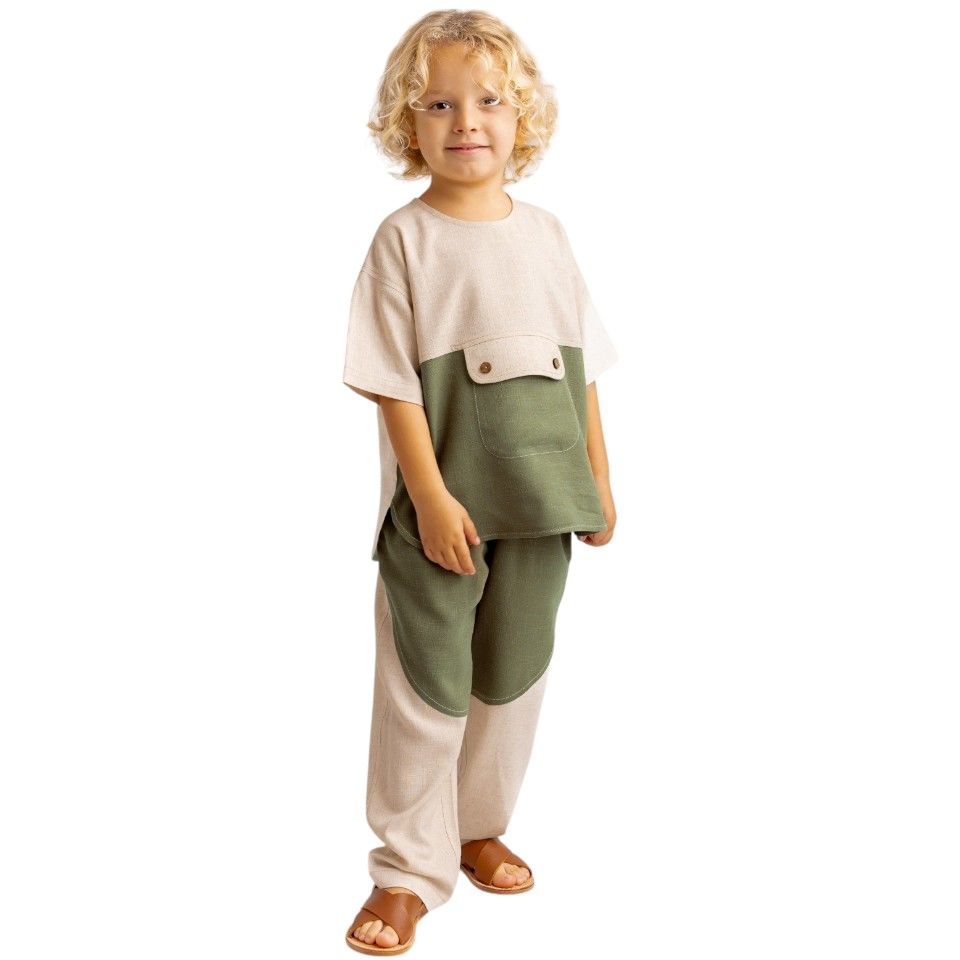Kontrast Dikişli Keten Pantolon-Haki-Unisex