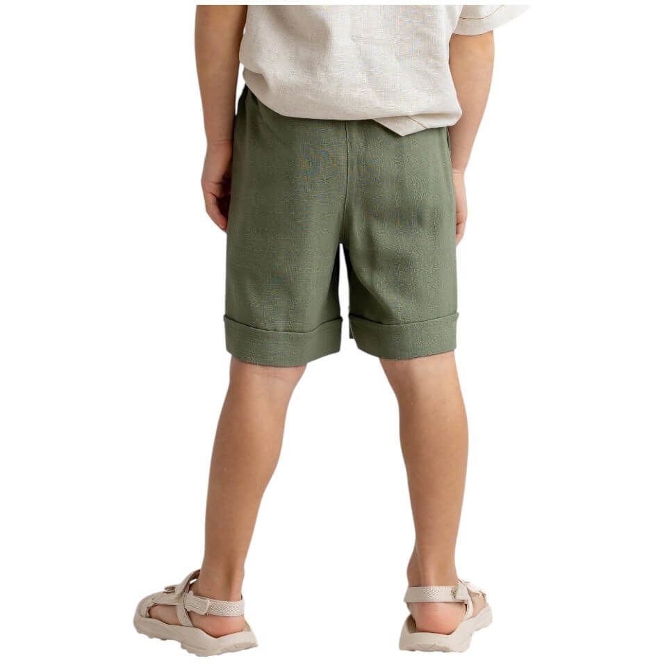 Keten Beli Lastikli Bağcıklı Cepli Unisex Şort-Haki