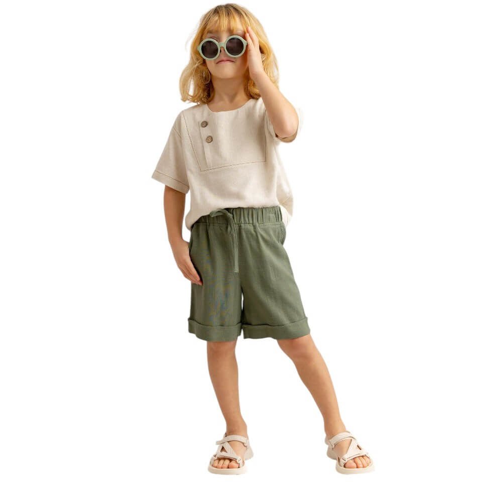 Keten Beli Lastikli Bağcıklı Cepli Unisex Şort-Haki