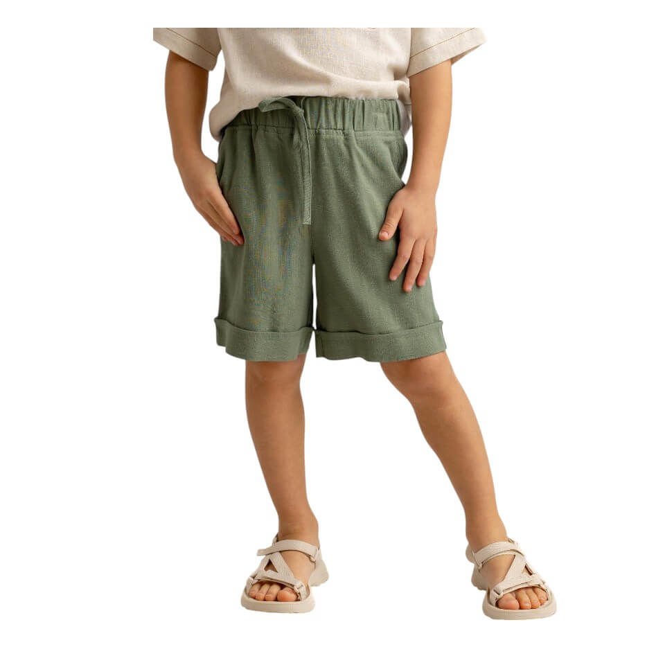 Keten Beli Lastikli Bağcıklı Cepli Unisex Şort-Haki