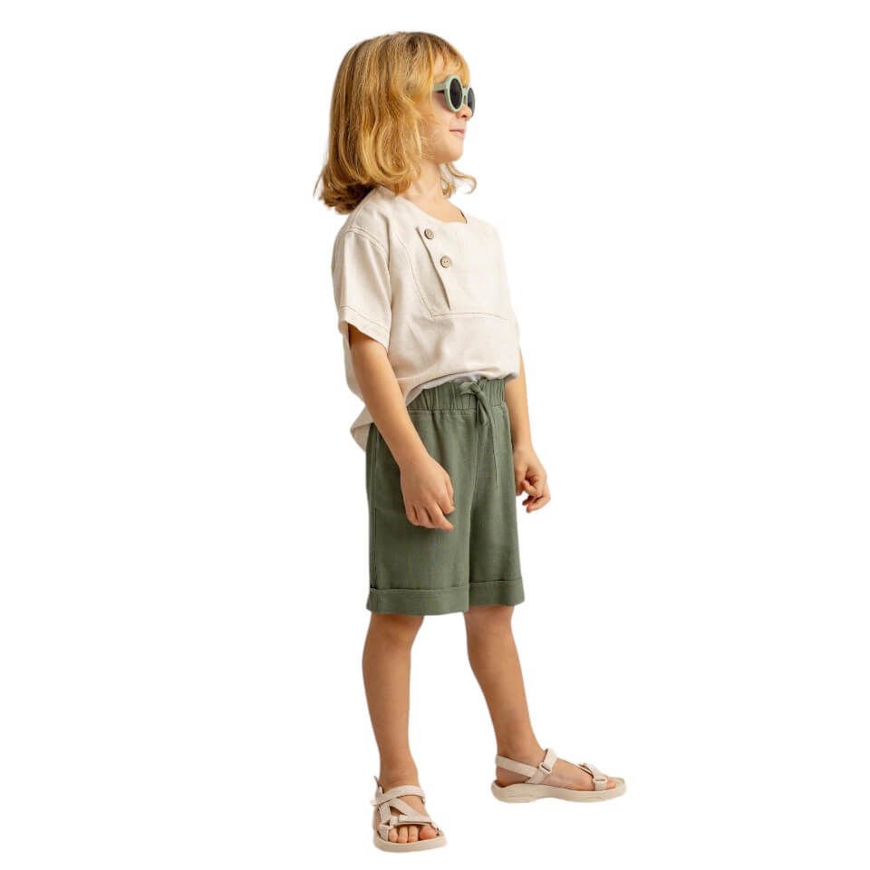 Keten Beli Lastikli Bağcıklı Cepli Unisex Şort-Haki