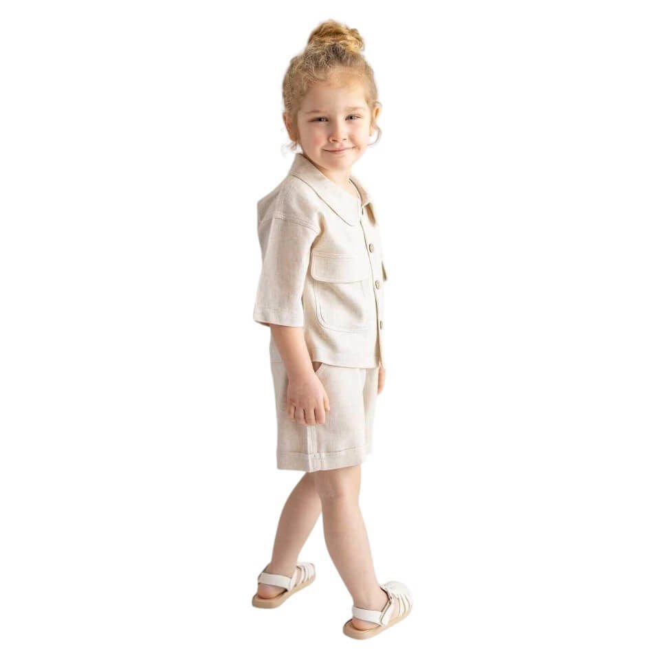 Keten Beli Lastikli Bağcıklı Cepli Unisex Şort-Naturel