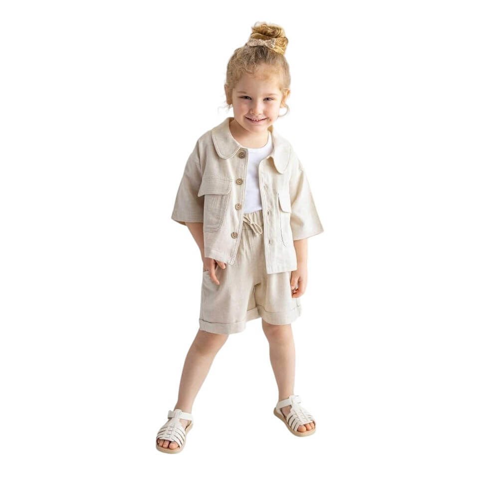Keten Beli Lastikli Bağcıklı Cepli Unisex Şort-Naturel