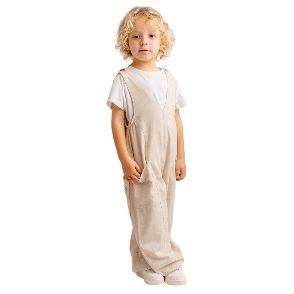 Unisex V Yaka Paça Lastikli Keten Salopet – Naturel | Rahat ve Modern Tasarım
