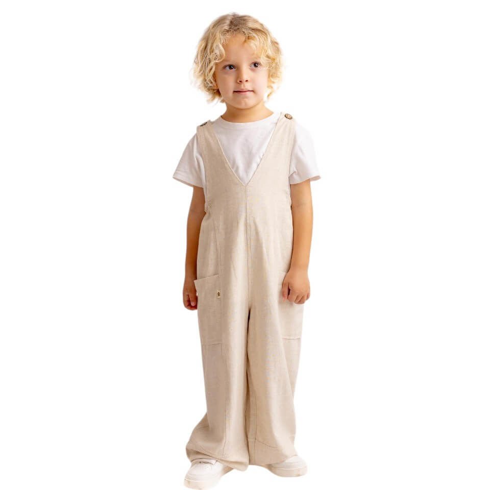 Unisex V Yaka Paça Lastikli Keten Salopet – Naturel | Rahat ve Modern Tasarım