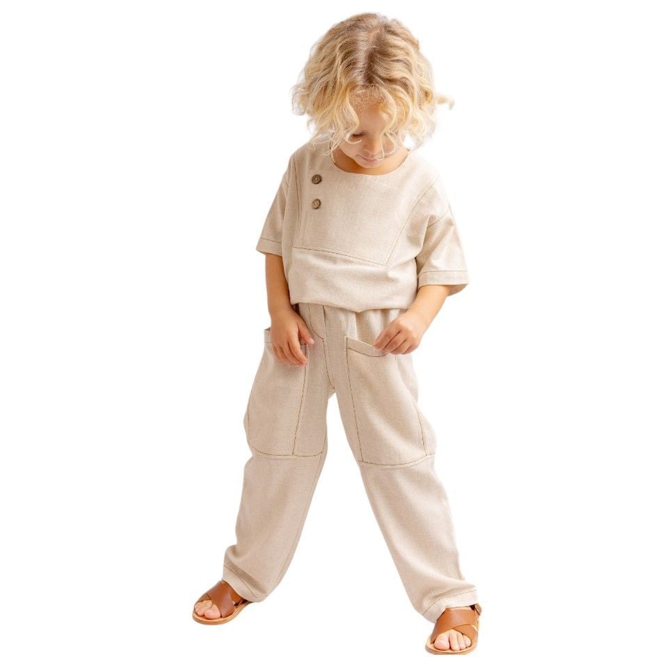 Kontrast Dikişli Keten Unisex Bluz – Naturel | Modern ve Rahat Tasarım