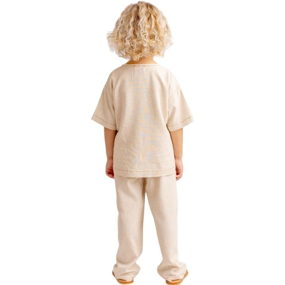 Kontrast Dikişli Keten Unisex Bluz – Naturel | Modern ve Rahat Tasarım