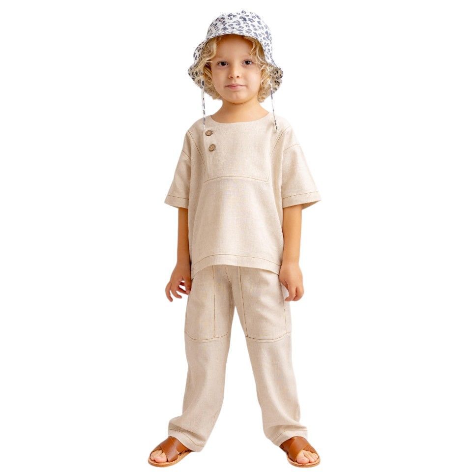 Kontrast Dikişli Keten Unisex Bluz – Naturel | Modern ve Rahat Tasarım