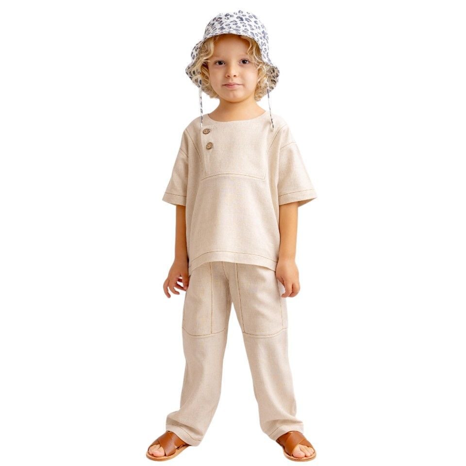 Kontrast Dikişli Keten Unisex Bluz – Naturel | Modern ve Rahat Tasarım