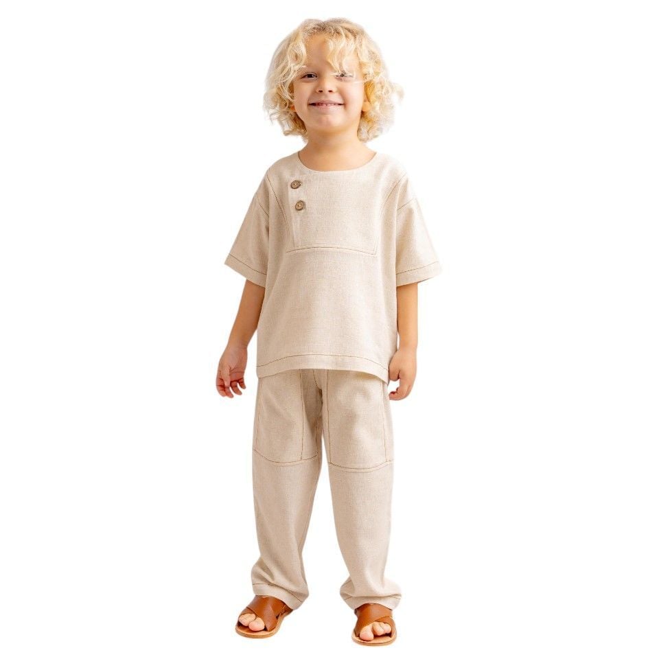 Kontrast Dikişli Keten Unisex Bluz – Naturel | Modern ve Rahat Tasarım