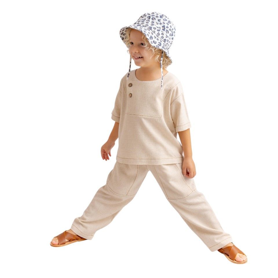 Kontrast Dikişli Keten Unisex Bluz – Naturel | Modern ve Rahat Tasarım